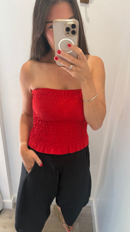 RED SHIRRED BOOB TUBE