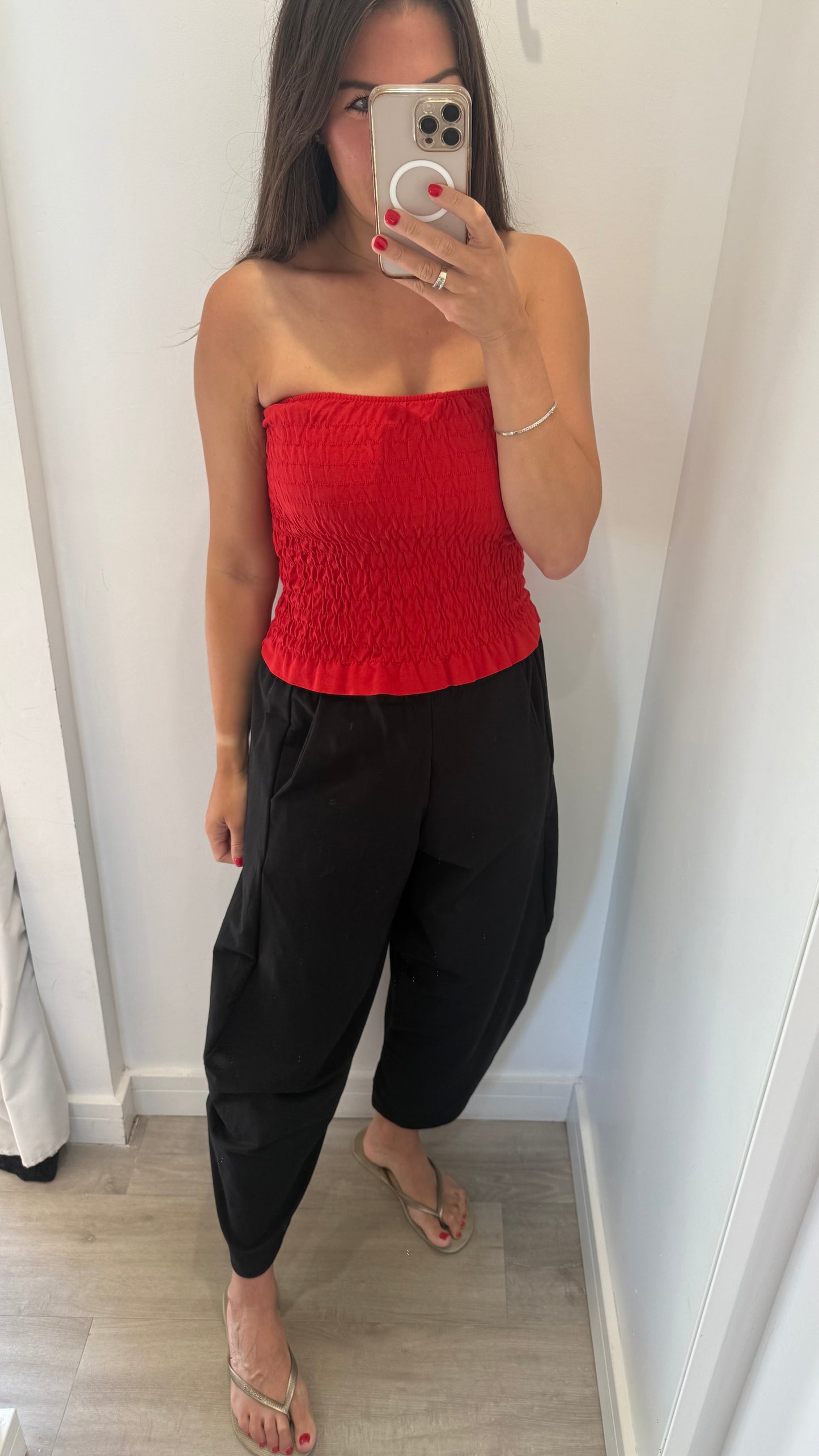 RED SHIRRED BOOB TUBE