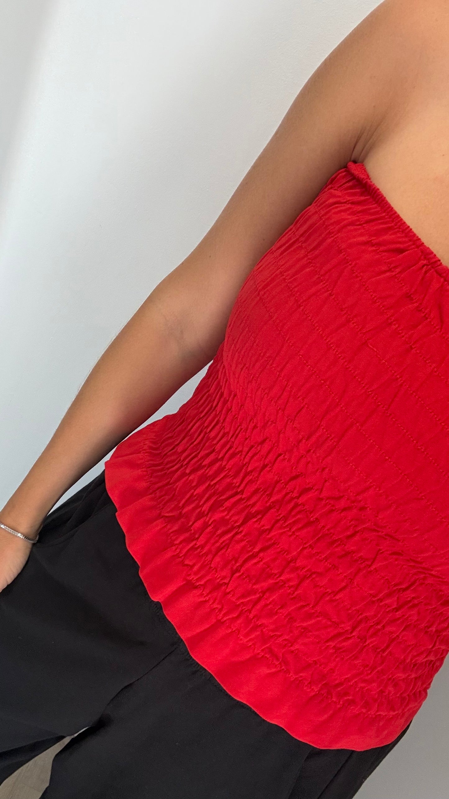 RED SHIRRED BOOB TUBE