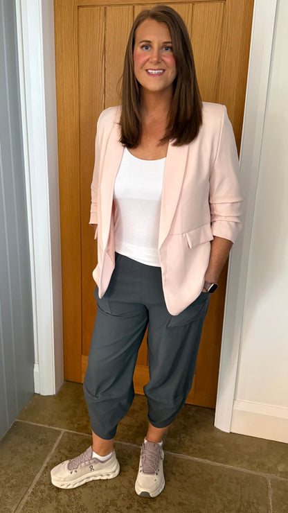 BLUSH PINK RUCHED SLEEVE BLAZER