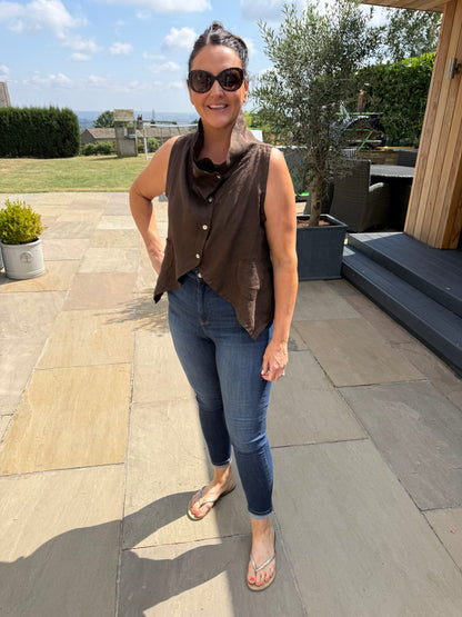 CHOCOLATE BROWN LINEN COWL WAISTCOAT TOP