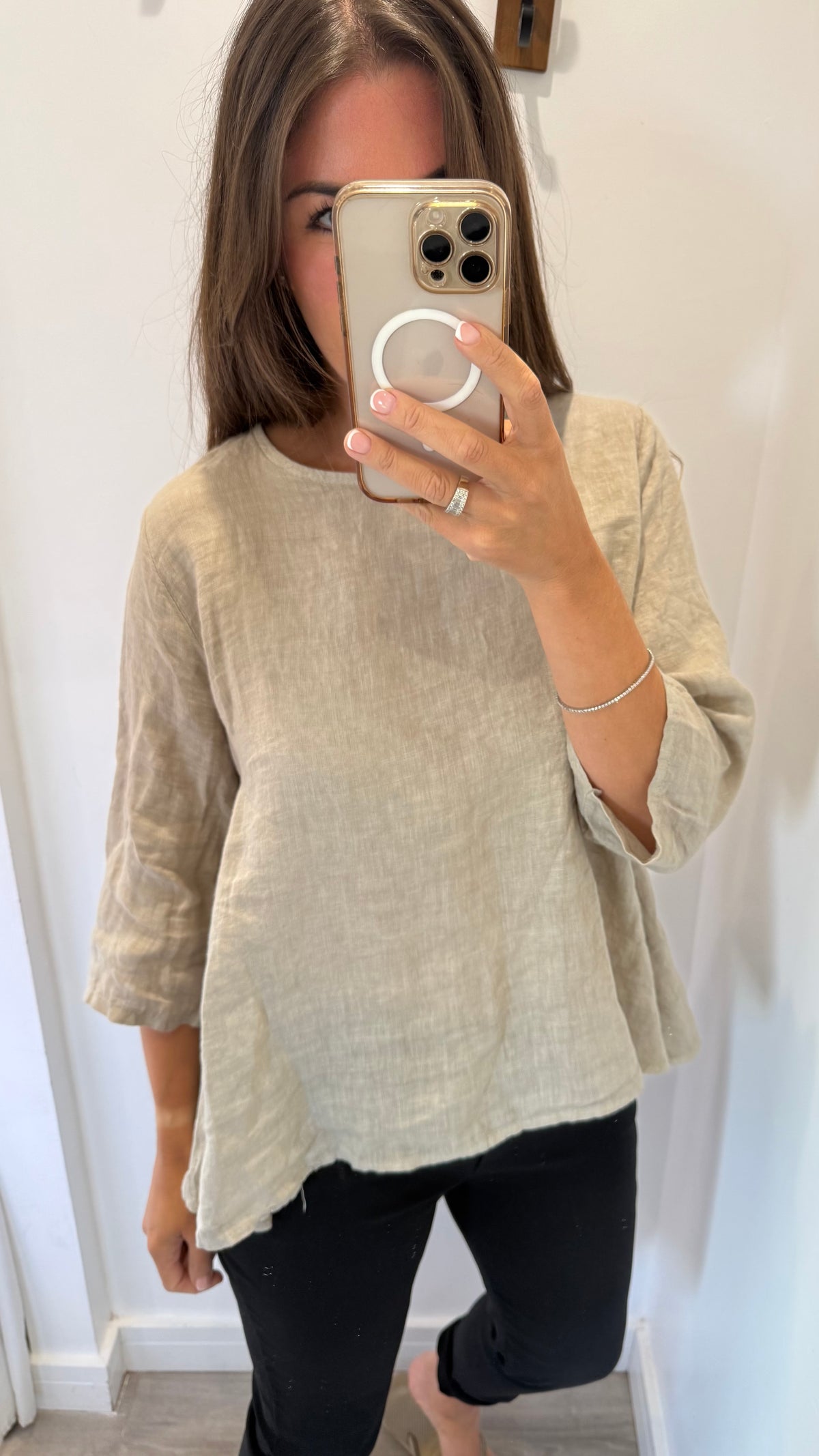 LINEN BUTTON BACK FLOATY TOP – NATURAL STONE