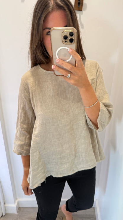 LINEN BUTTON BACK FLOATY TOP – NATURAL STONE