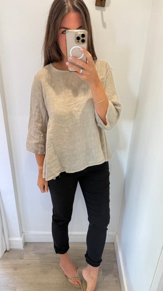 LINEN BUTTON BACK FLOATY TOP – NATURAL STONE