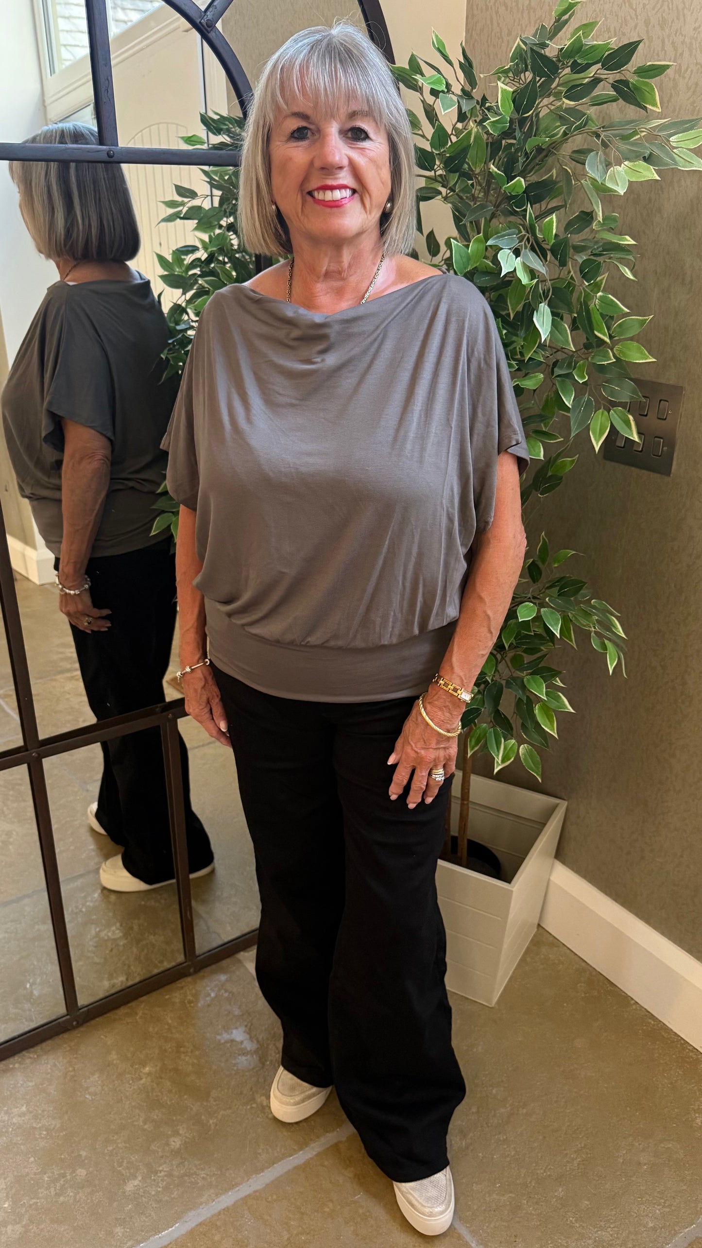 TAUPE EASY DRAPE BATWING TOP