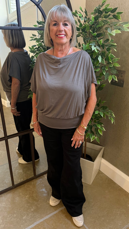 TAUPE EASY DRAPE BATWING TOP