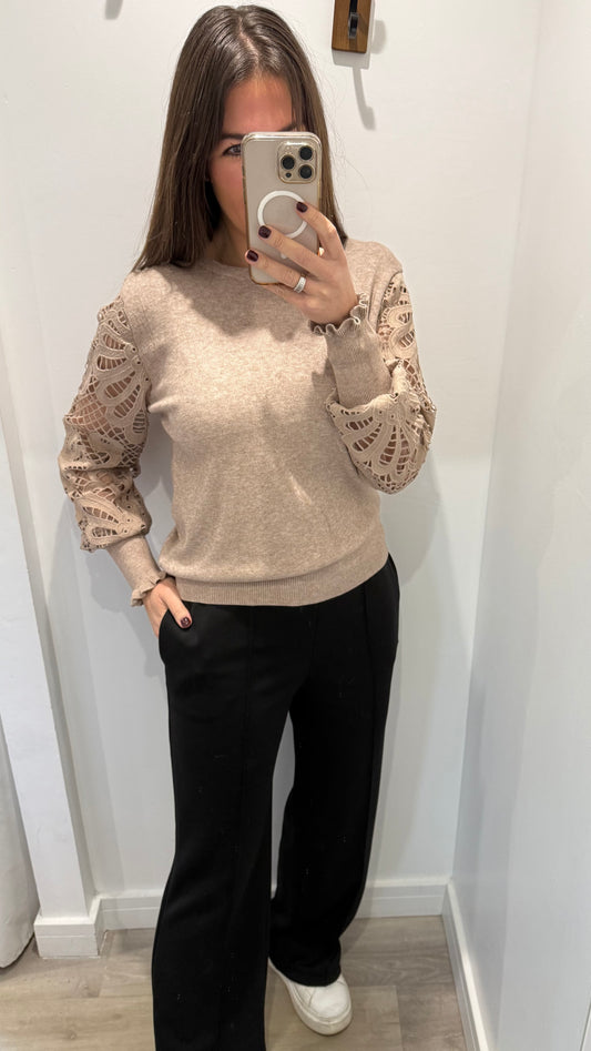 TAUPE LACE SLEEVE ROUND NECK JUMPER