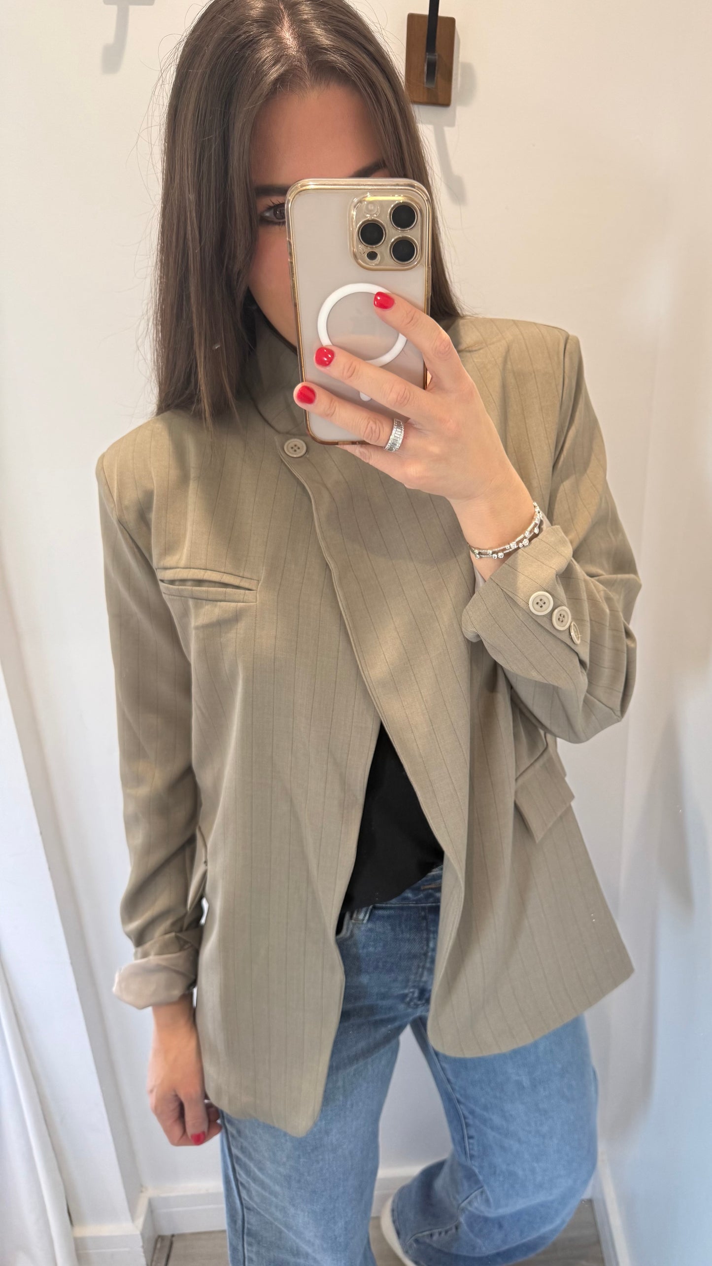 TAUPE PINSTRIPE ASYMMETRIC BLAZER