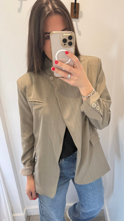 TAUPE PINSTRIPE ASYMMETRIC BLAZER