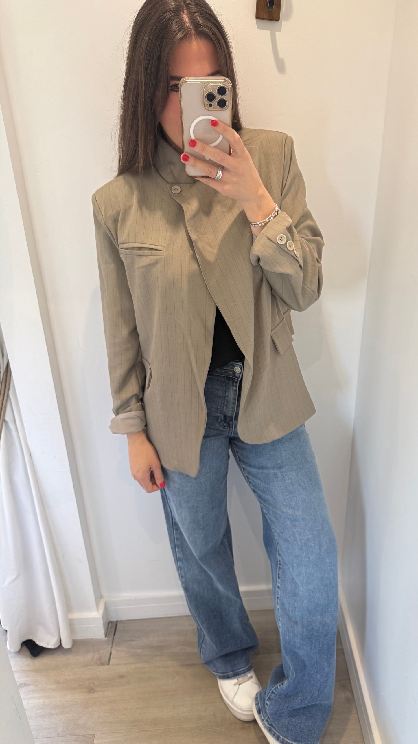 TAUPE PINSTRIPE ASYMMETRIC BLAZER