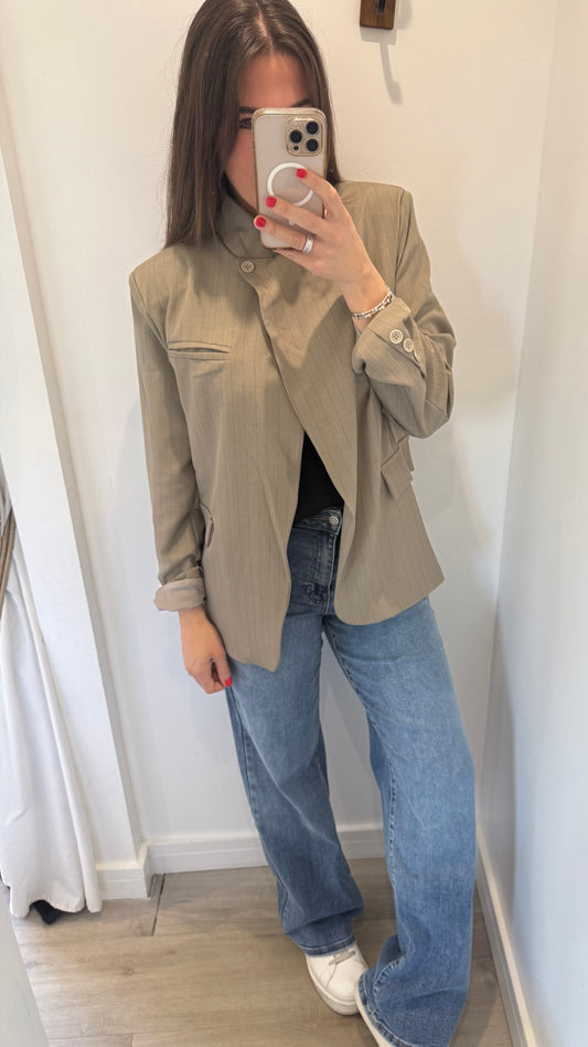 TAUPE PINSTRIPE ASYMMETRIC BLAZER