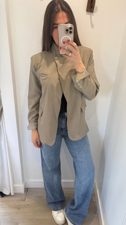 TAUPE PINSTRIPE ASYMMETRIC BLAZER