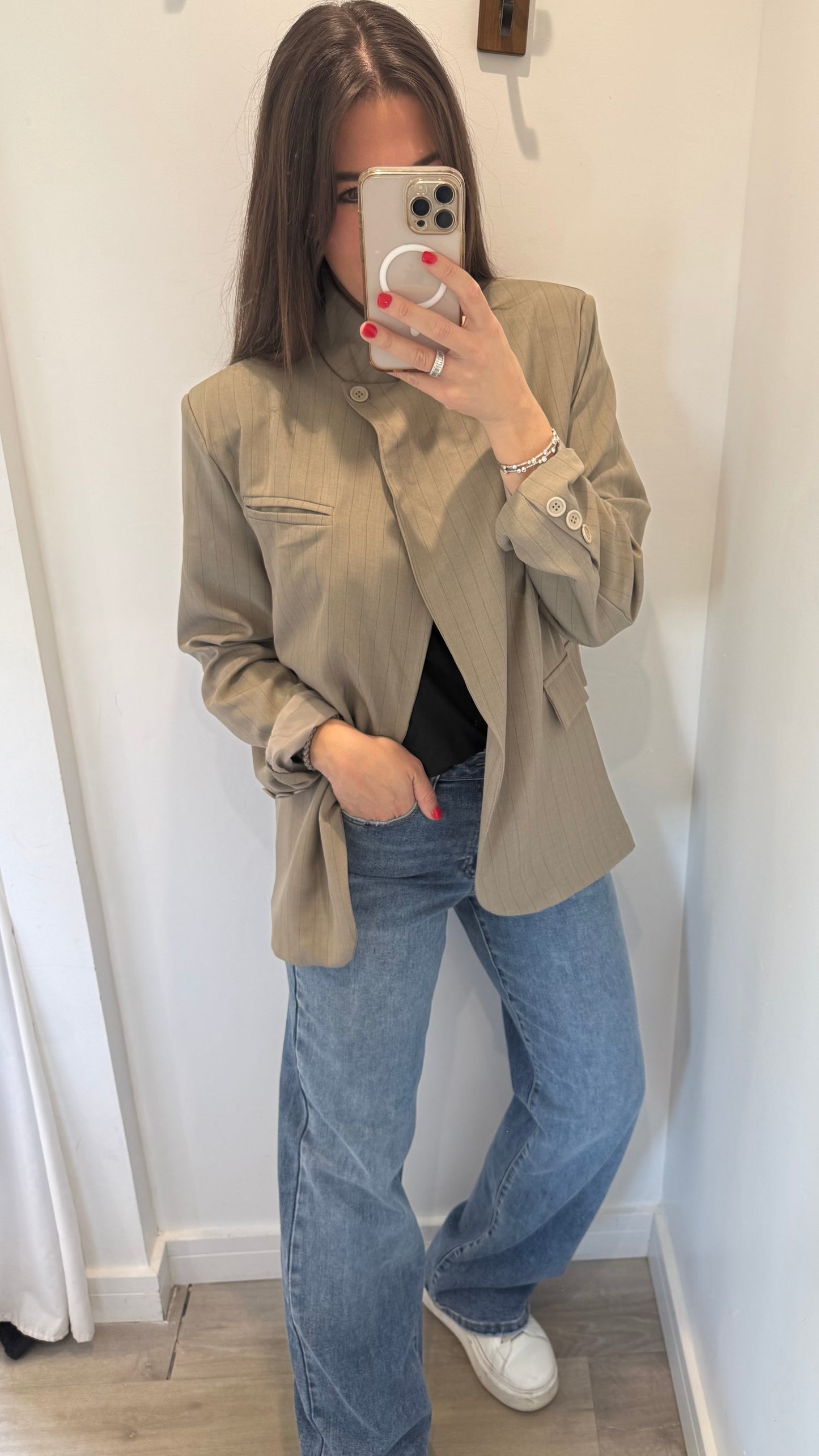 TAUPE PINSTRIPE ASYMMETRIC BLAZER