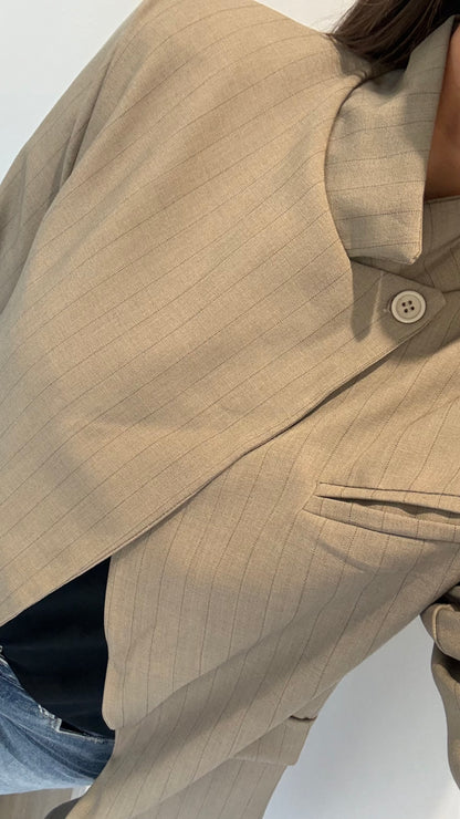 TAUPE PINSTRIPE ASYMMETRIC BLAZER