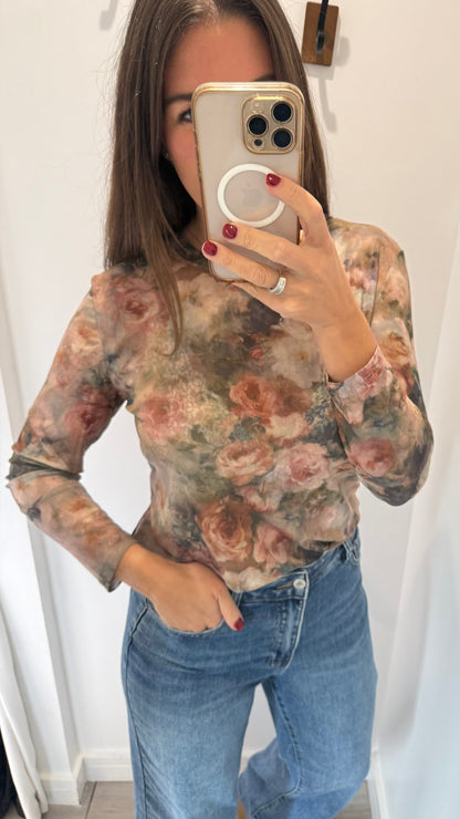 VINTAGE FLORAL SHEER LONG SLEEVE TOP