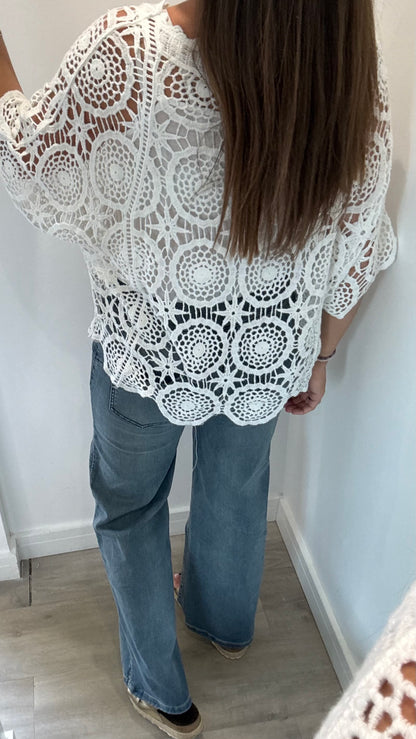 WHITE CROCHET V-NECK TOP & VEST SET