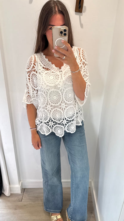 WHITE CROCHET V-NECK TOP & VEST SET