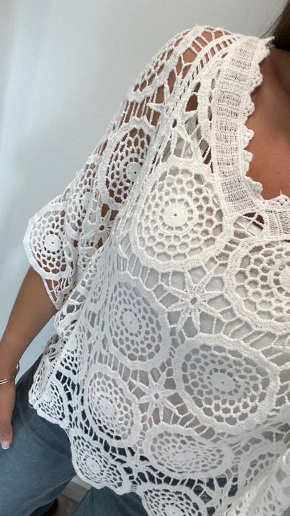 WHITE CROCHET V-NECK TOP & VEST SET