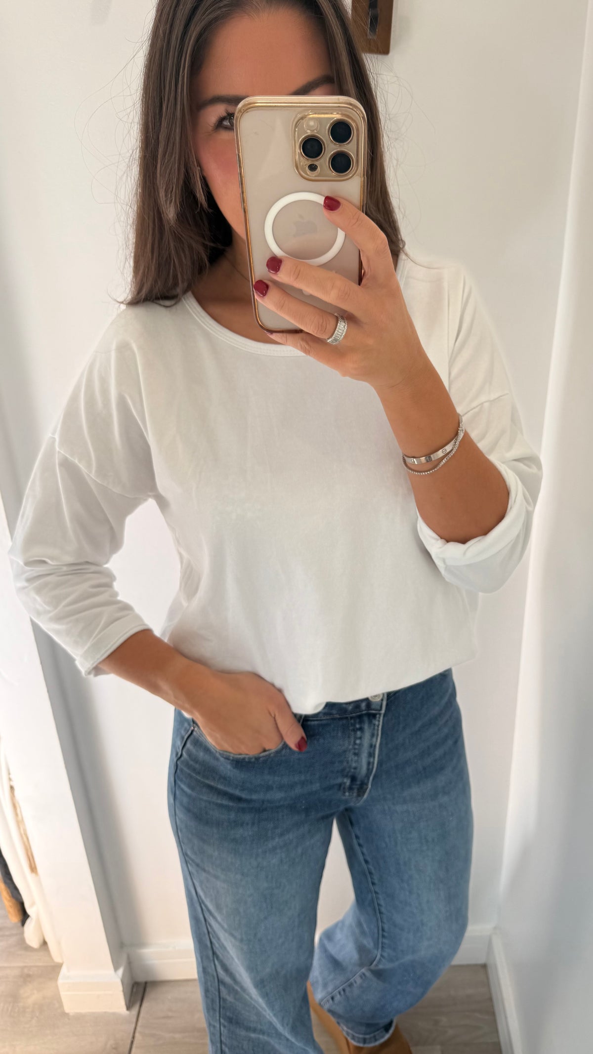 WHITE ROLL SLEEVE SWEAT TOP
