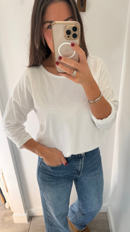 WHITE ROLL SLEEVE SWEAT TOP