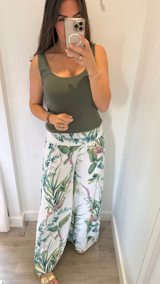 WHITE BOTANICAL PALAZZO TROUSERS