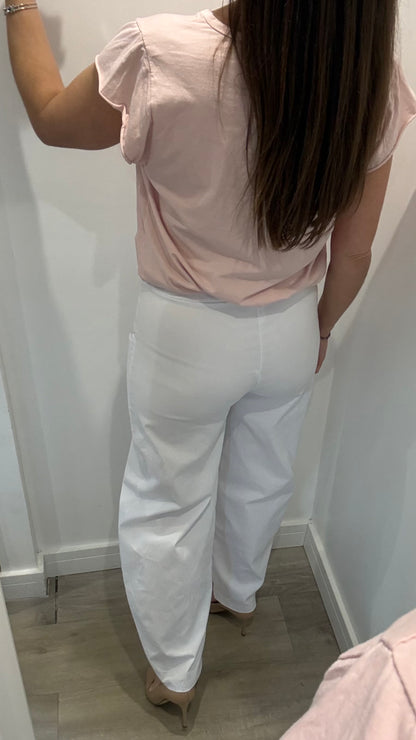 WHITE BUTTON BARREL TROUSERS WITH EXPOSED POCKETS