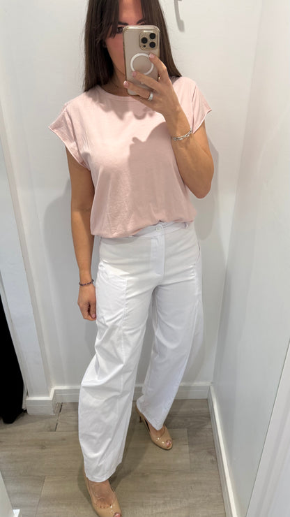 WHITE BUTTON BARREL TROUSERS WITH EXPOSED POCKETS