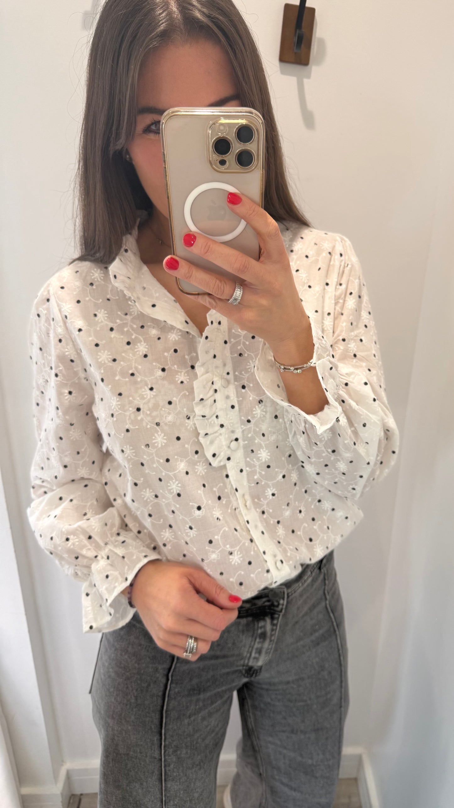 WHITE FLORAL EMBROIDERED SPOT BLOUSE