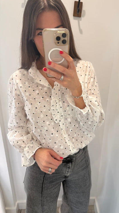 WHITE FLORAL EMBROIDERED SPOT BLOUSE