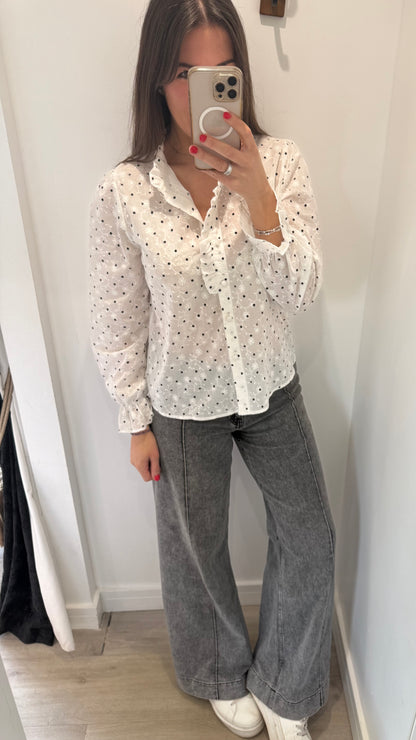 WHITE FLORAL EMBROIDERED SPOT BLOUSE