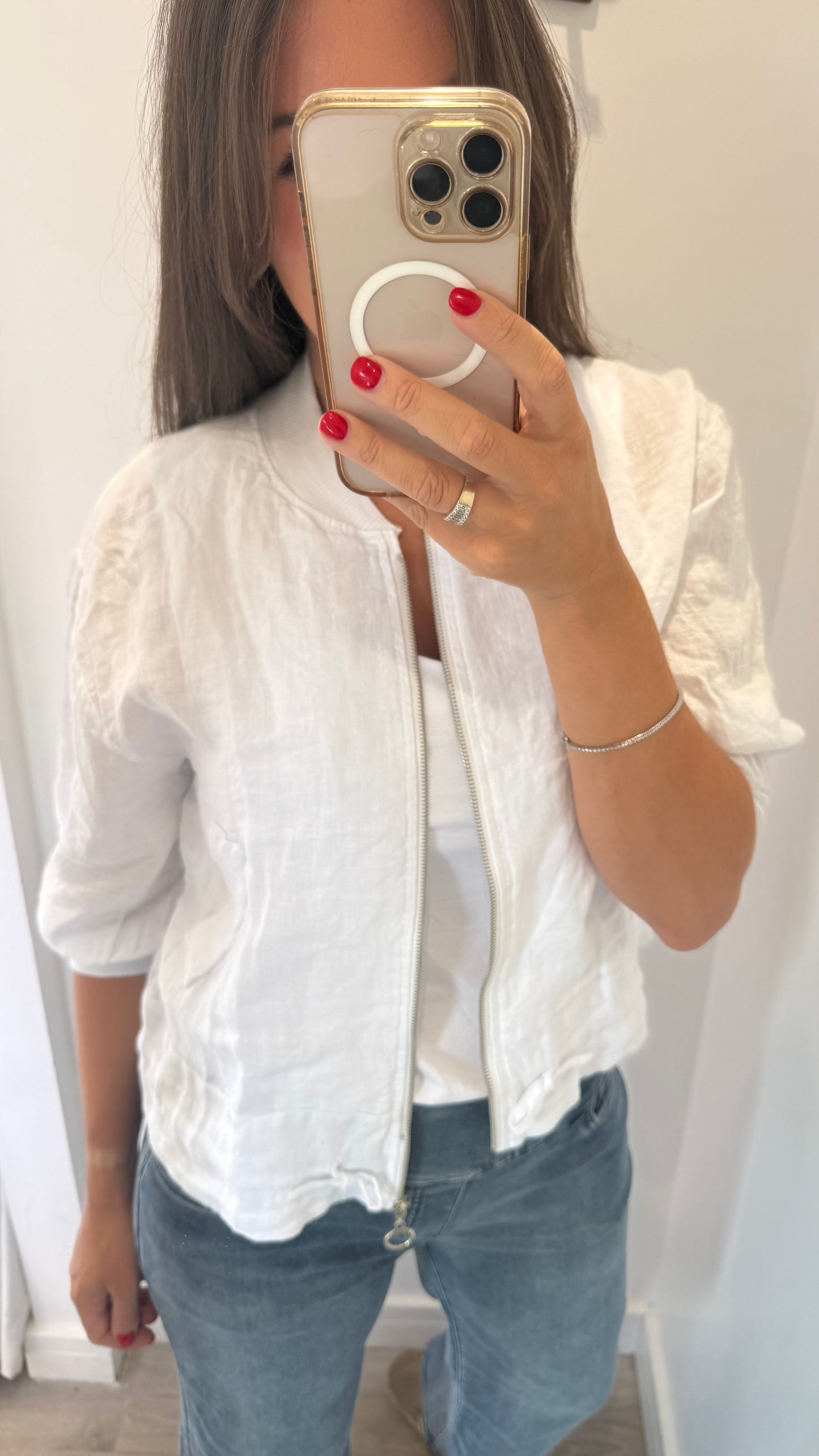 WHITE LINEN BOMBER JACKET