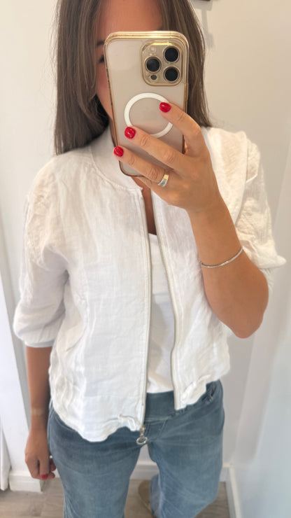 WHITE LINEN BOMBER JACKET