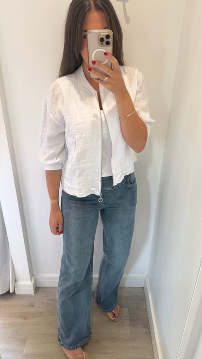 WHITE LINEN BOMBER JACKET