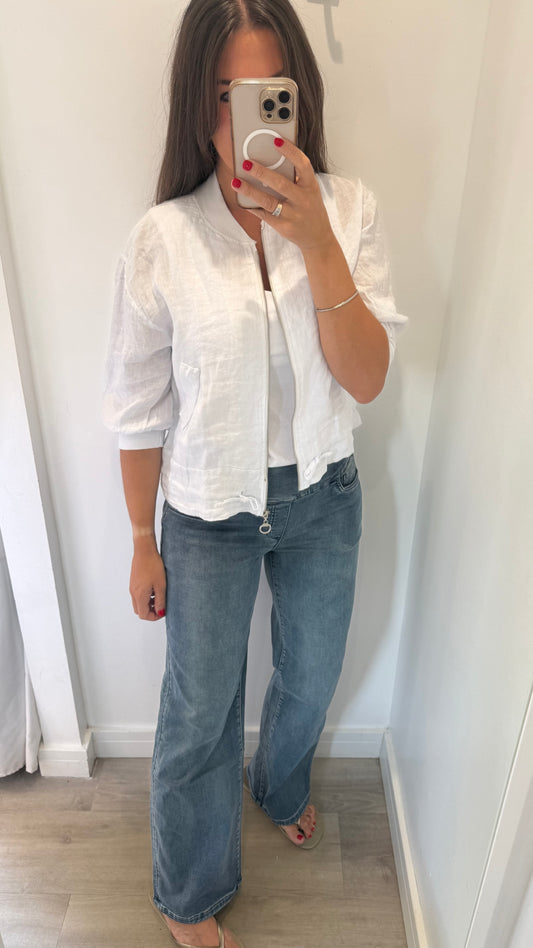 WHITE LINEN BOMBER JACKET