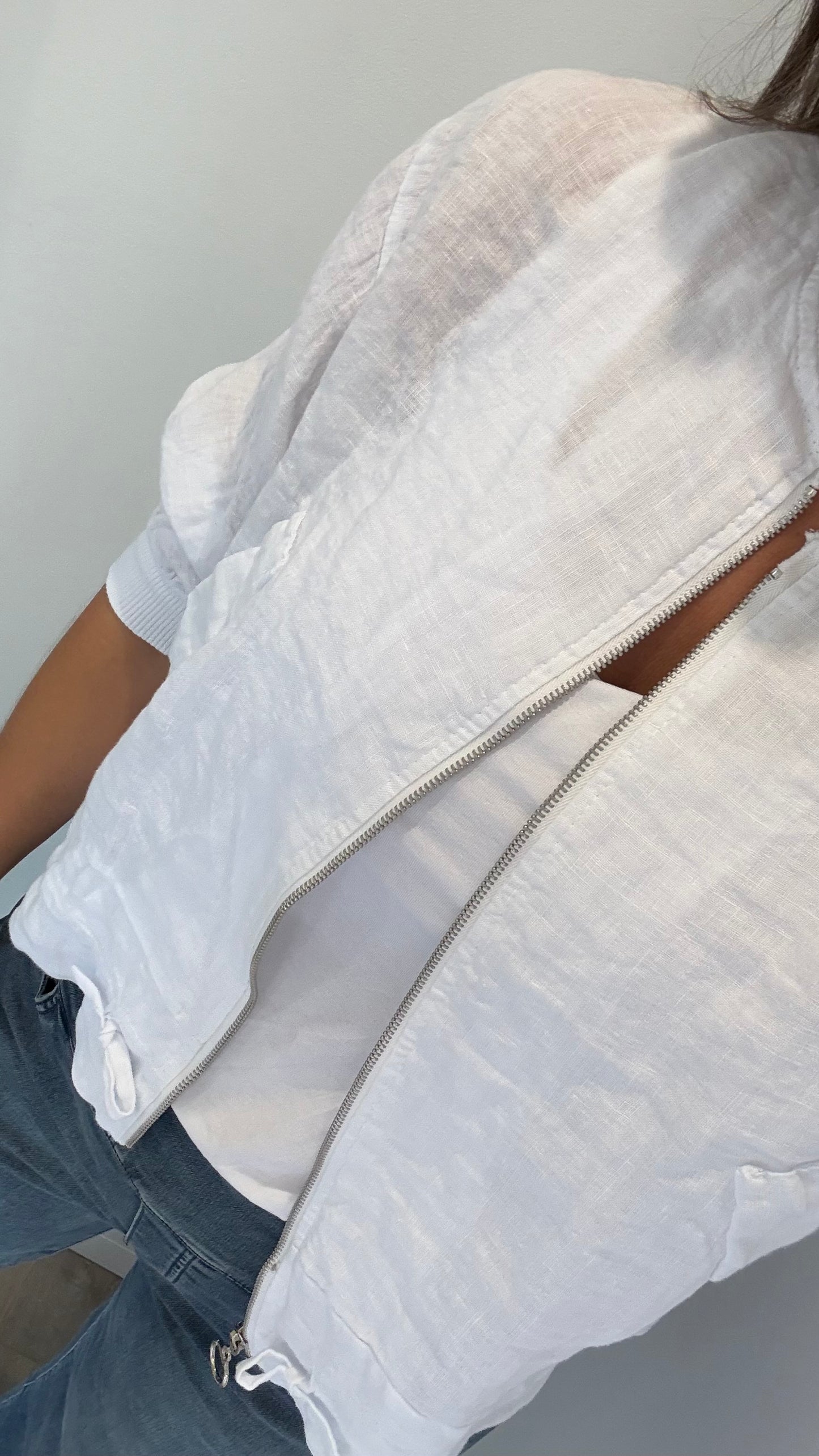 WHITE LINEN BOMBER JACKET