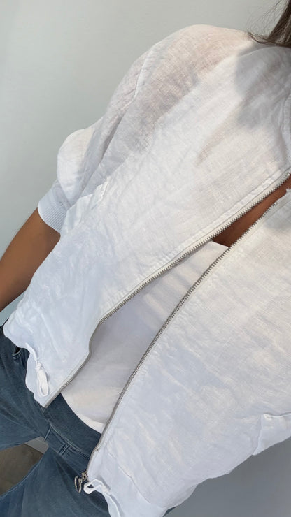 WHITE LINEN BOMBER JACKET