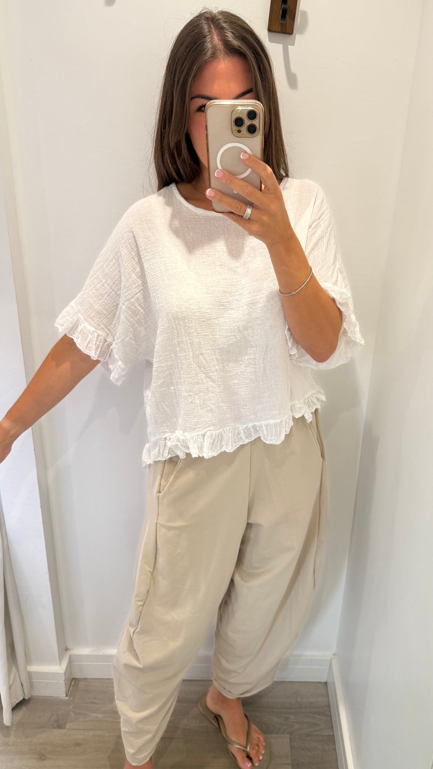 FRILL HEM COTTON TOP - WHITE