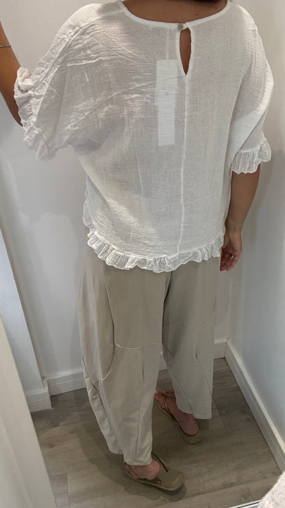 FRILL HEM COTTON TOP - WHITE