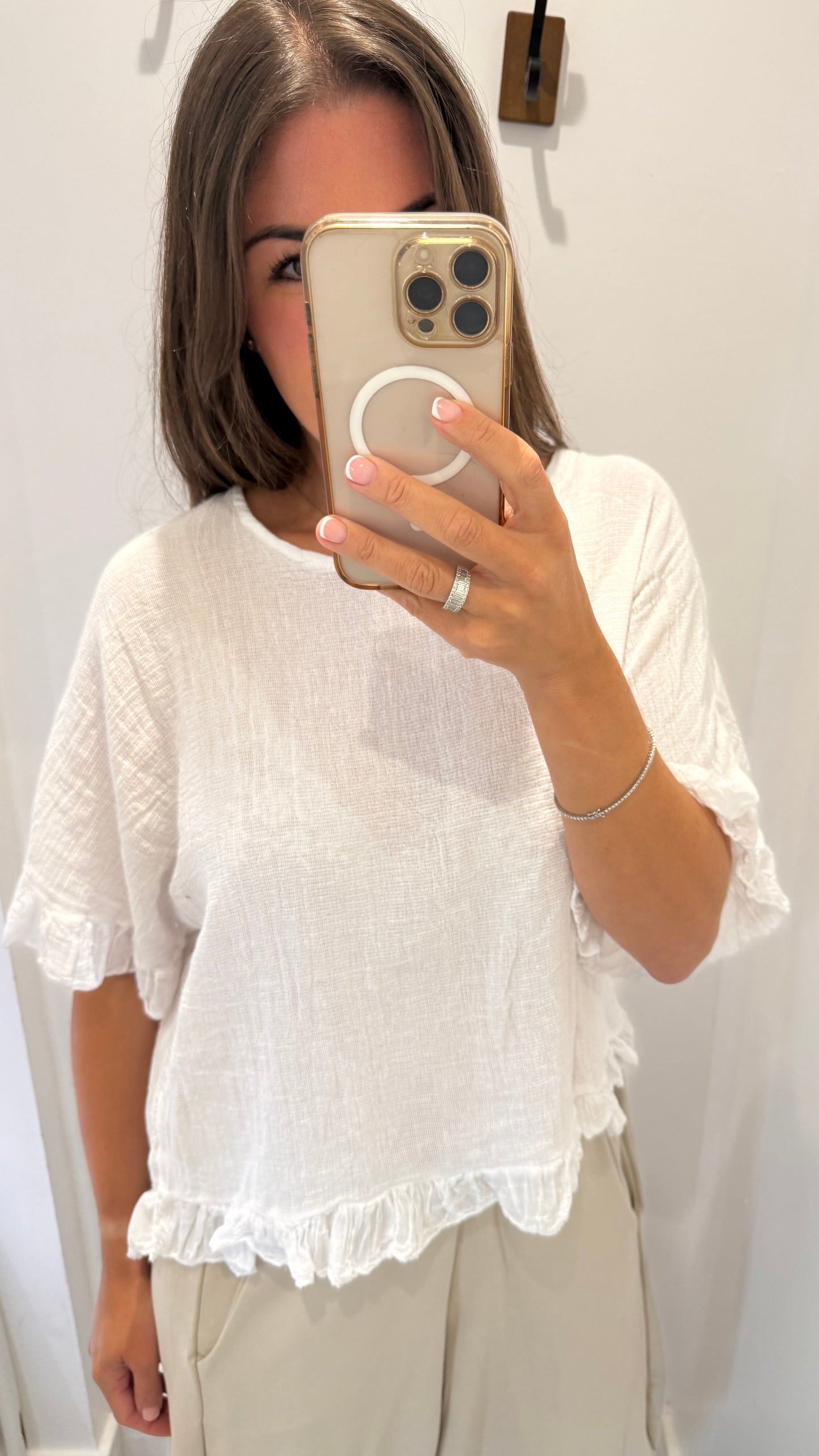 FRILL HEM COTTON TOP - WHITE