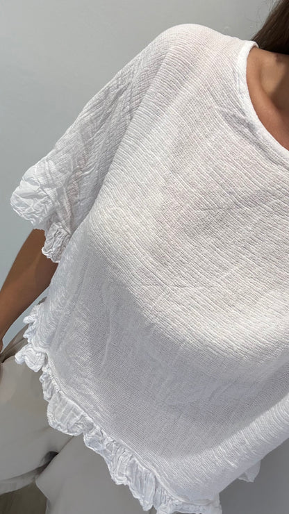 FRILL HEM COTTON TOP - WHITE