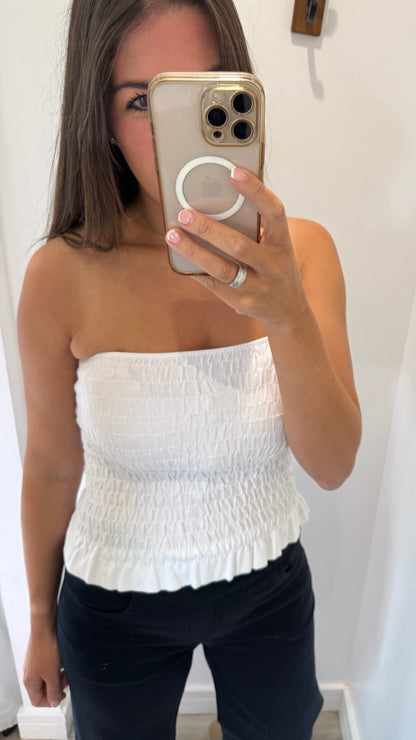 WHITE SHIRRED BOOB TUBE