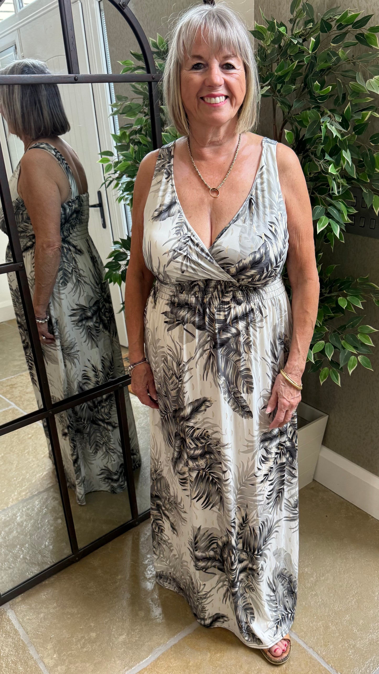 WHITE & GOLD PALM PRINT MAXI DRESS