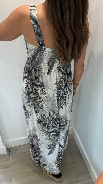 WHITE & GOLD PALM PRINT MAXI DRESS