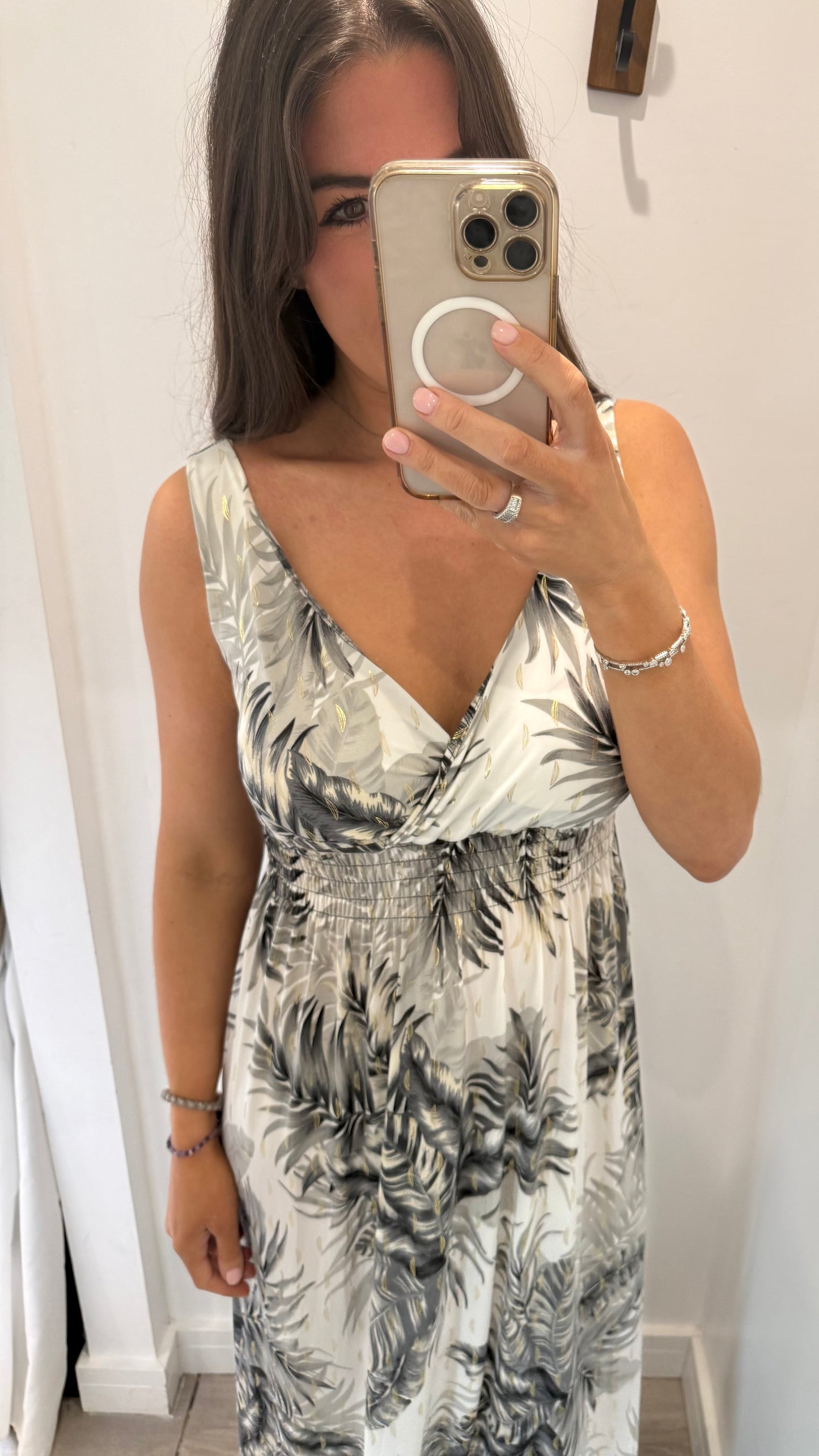 WHITE & GOLD PALM PRINT MAXI DRESS