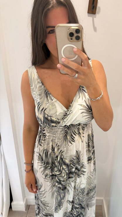 WHITE & GOLD PALM PRINT MAXI DRESS