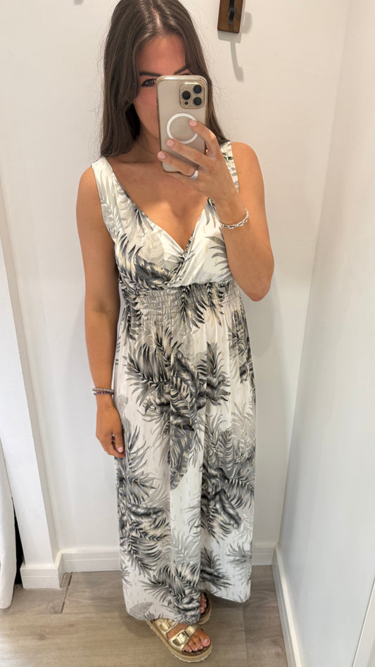 WHITE & GOLD PALM PRINT MAXI DRESS