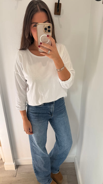 WHITE ROLL SLEEVE SWEAT TOP