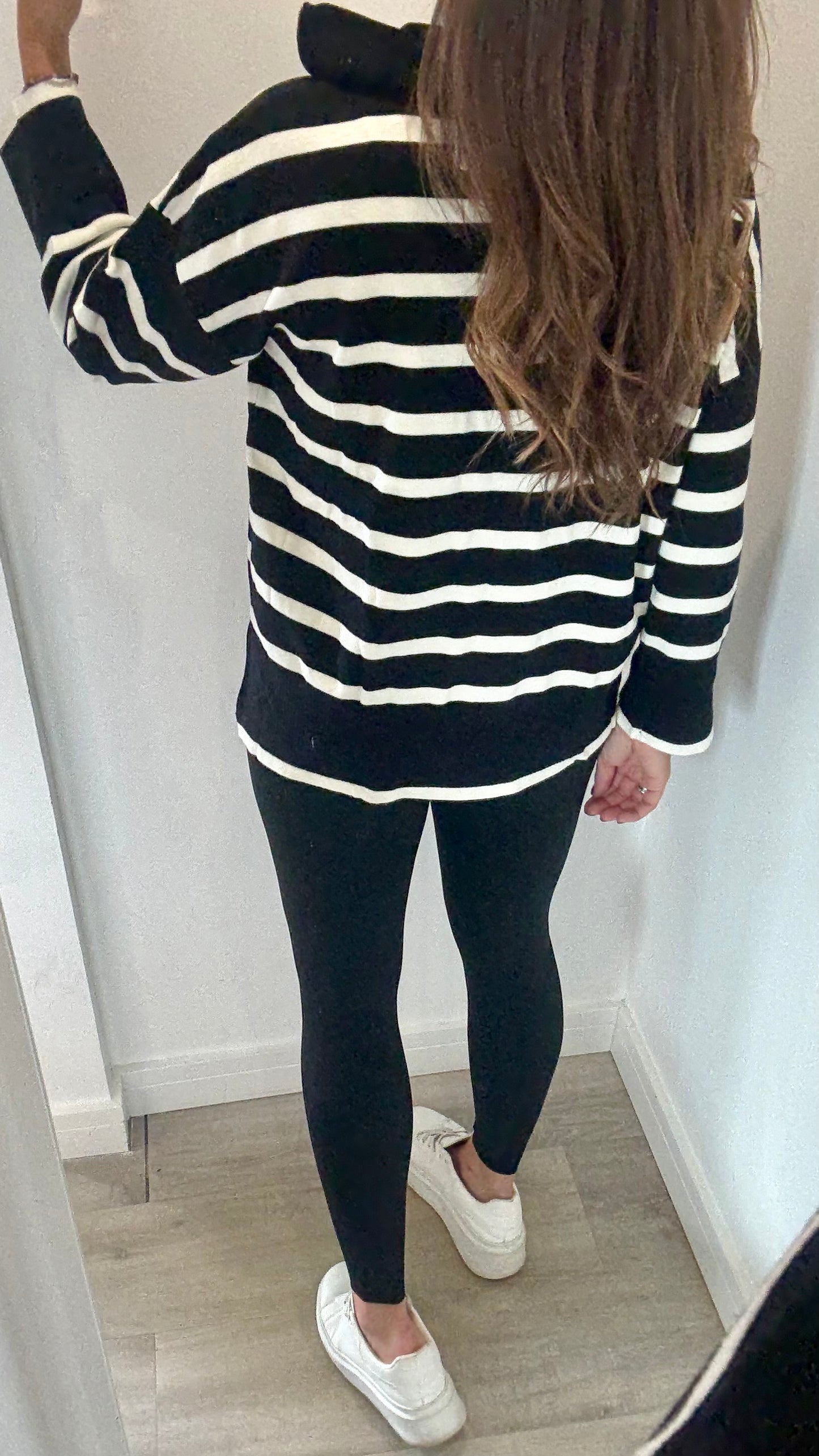BLACK AND WHITE STRIPE ZIP NECK JUMPER - FUNNEL NECK