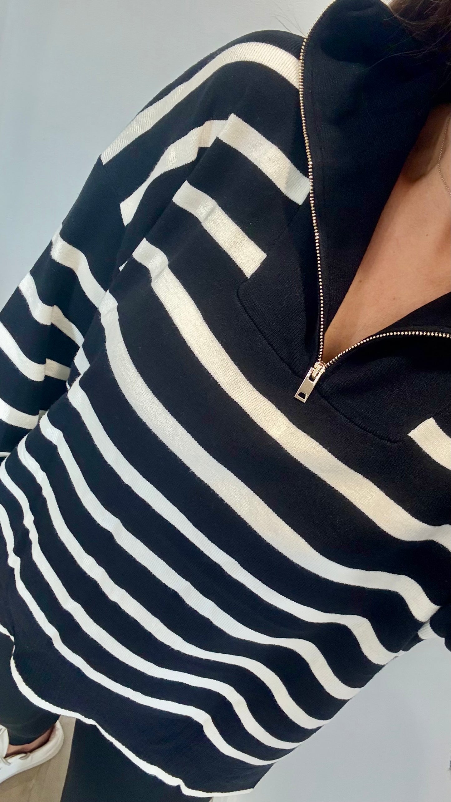 BLACK AND WHITE STRIPE ZIP NECK JUMPER - FUNNEL NECK