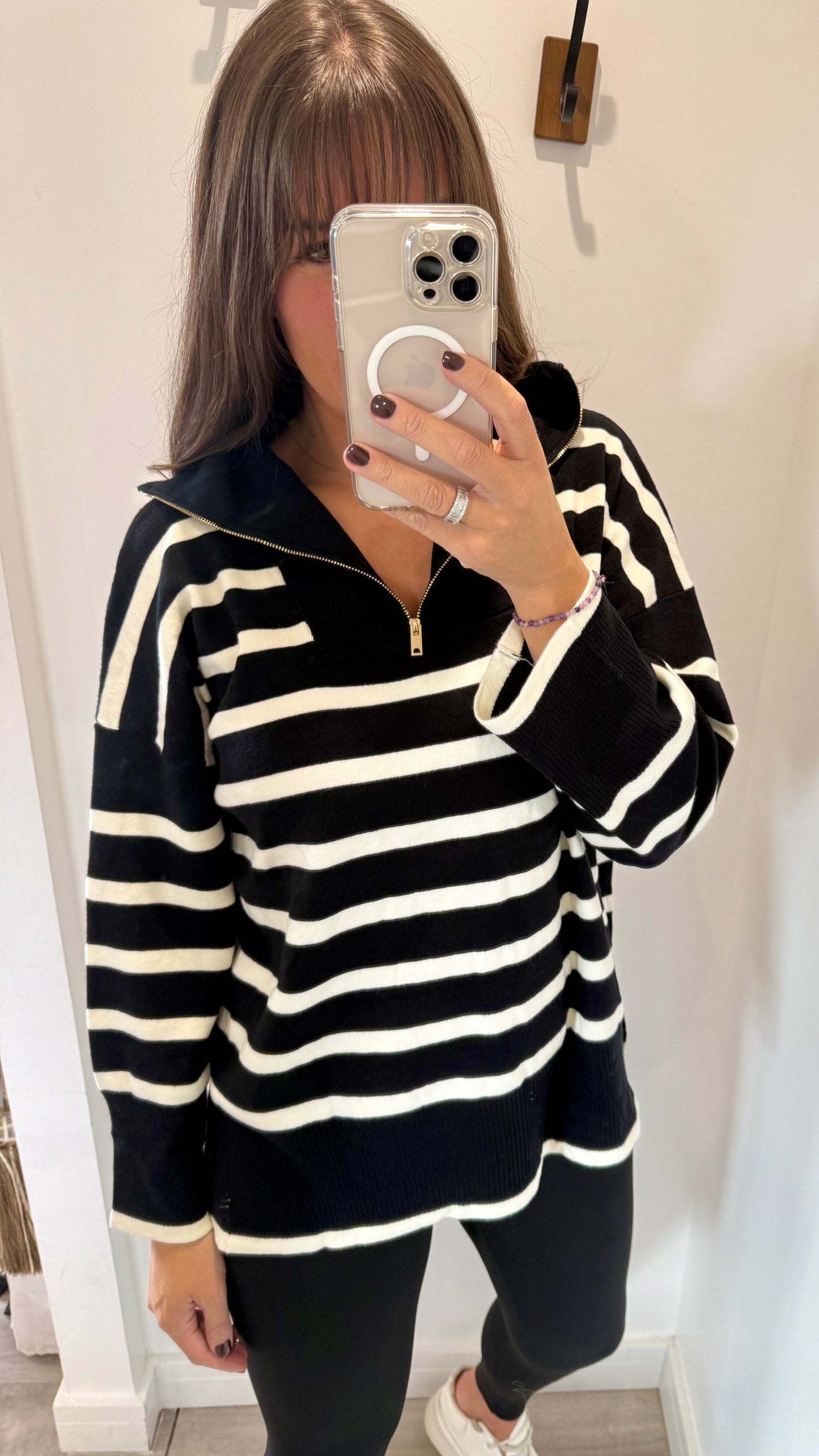 BLACK AND WHITE STRIPE ZIP NECK JUMPER - FUNNEL NECK